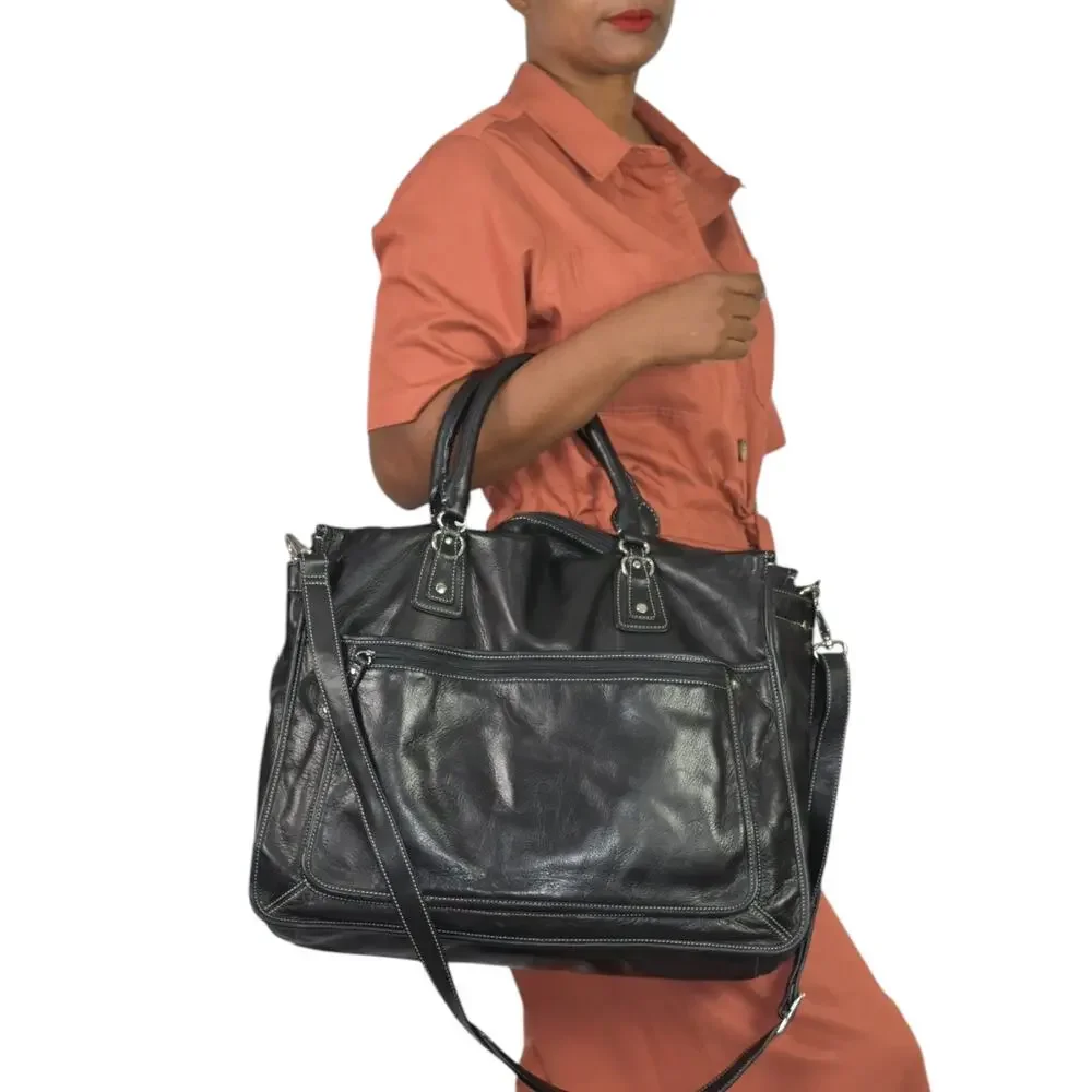 Levenger Leather Laptop Bag Black Padded Sleeve Shoulder Strap Handle Briefcase